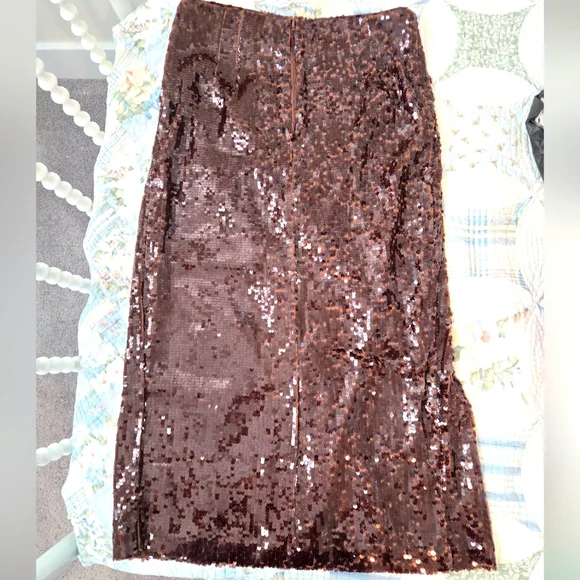 Sequin Brown Maxi Skirt Loft NWT sexy slit fits like 12 - Picture 2 of 4